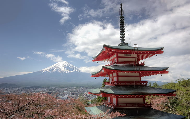 富士山、富士吉田、忠吉塔、日本、桜、富士、忠霊、塔、富士吉田、日本、桜、 HDデスクトップの壁紙