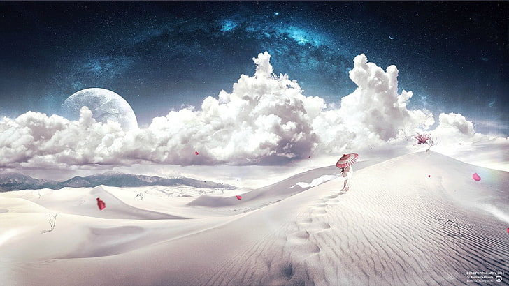 человек, идущий по пустыне, Desktopography, пустыня, космос, облака, планета, горы, вишневый цвет, зонтик, HD обои