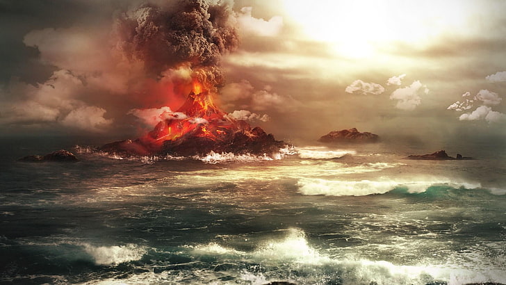 mar, céu, fenômeno geológico, oceano, onda, fenômeno, onda de vento, vulcão, erupção, obra de arte, vulcão submarino, arte, nuvem, fumaça, lava, HD papel de parede