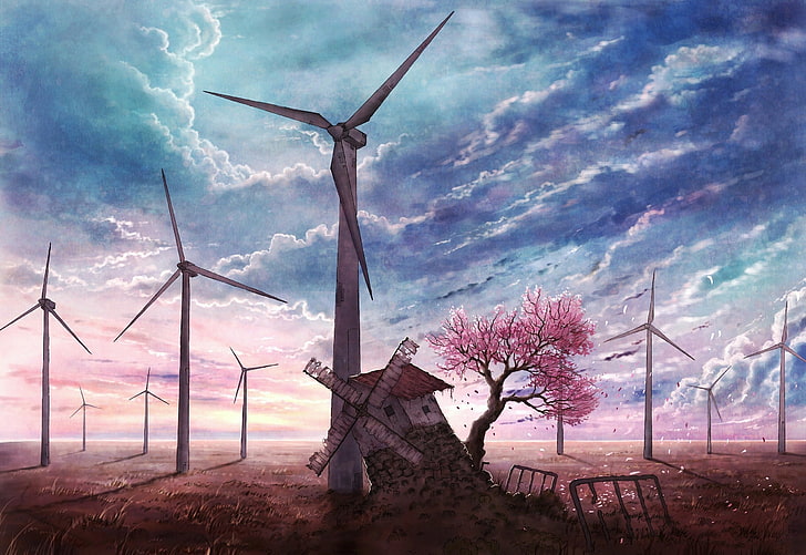 różowe drzewa w pobliżu malowanie turbiny wiatrowej, niebo, niebieski, płatki, Sakura, młyn, kwitnące, opuszczone, drzewo Sakura, Tapety HD