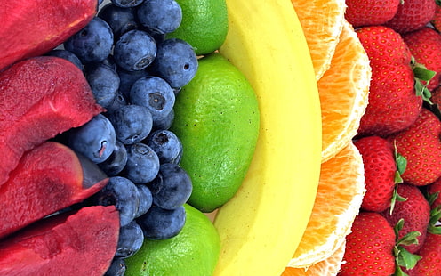 Frutti dell'arcobaleno, fragola, arancia, banana, limone, mora, prugna, arcobaleno, frutta, fragola, arancia, banana, limone, mora, prugna, Sfondo HD HD wallpaper