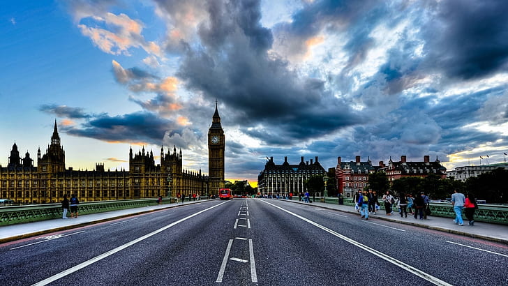 Londyn, Wielka Brytania, ulica, most, Big Ben, pejzaż, chmury, niebo, Westminster, Tapety HD