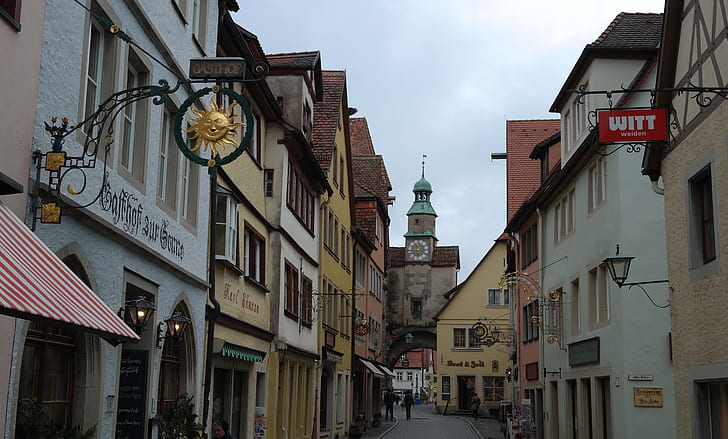 Calle, reloj, torre, hogar, Alemania, Bayern, arco, Rothenburg Ob der Tauber, Fondo de pantalla HD