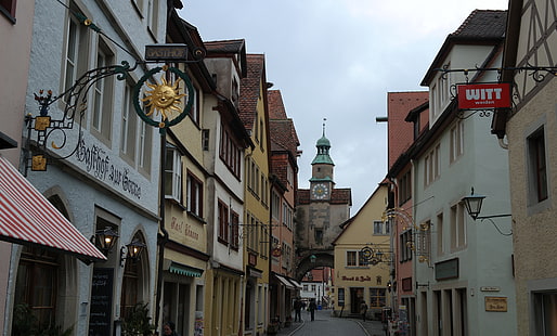 rua, relógio, torre, casa, Alemanha, Bayern, arco, Rothenburg Ob der Tauber, HD papel de parede HD wallpaper