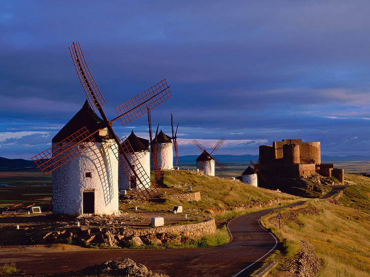 white house with windmill, road, castle, mill, Spain, HD wallpaper