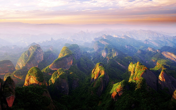 пейзажна фотография на планини, залез, планини, Китай, мъгла, облаци, гора, скала, природа, пейзаж, HD тапет