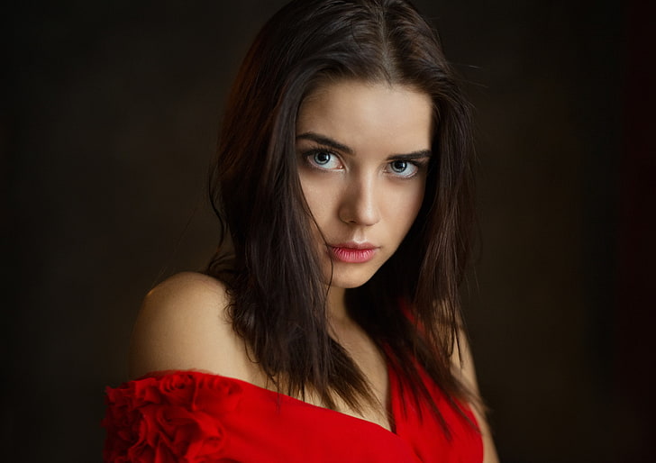 women, Maxim Maximov, portrait, bare shoulders, brunette, blue eyes, red dress, looking at viewer, dark background, HD wallpaper