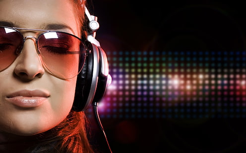 gray and black corded headphones, music, headphones, glasses, HD wallpaper HD wallpaper
