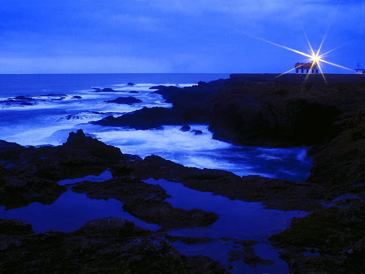 coast, sea, lighthouse, dusk, landscape, HD wallpaper