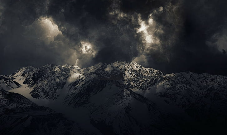 nuvens, escuro, paisagem, montanhas, natureza, pico nevado, tempestade, cimeira, luz solar, HD papel de parede