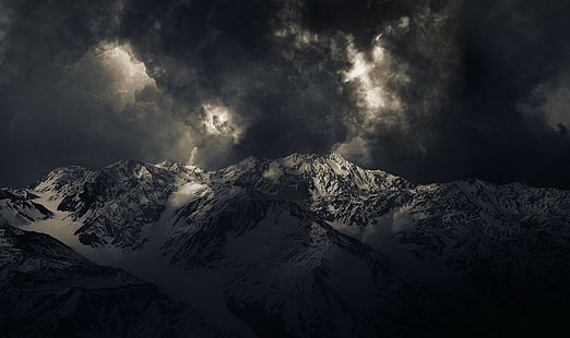 облака, темно, пейзаж, горы, природа, снежный пик, шторм, вершина, солнечный свет, HD обои HD wallpaper