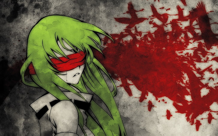 mulher no personagem de anime de cabelo verde, Code Geass, olhos vendados, pássaros, anime, C. C., cabelo verde, texto, HD papel de parede