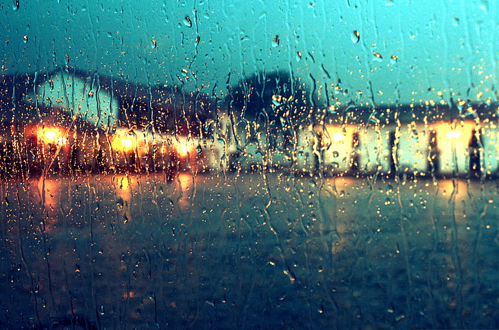 wet glass, the sky, glass, water, clouds, lights, house, rain, window, drops, HD wallpaper