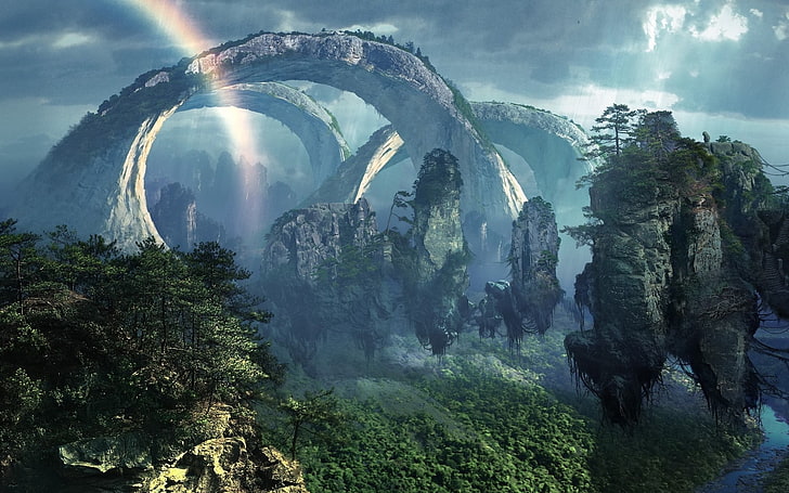 green mountain with rainbow, Avatar, landscape, fantasy art, movies, digital art, rainbows, cliff, floating island, stones, forest, clouds, HD wallpaper