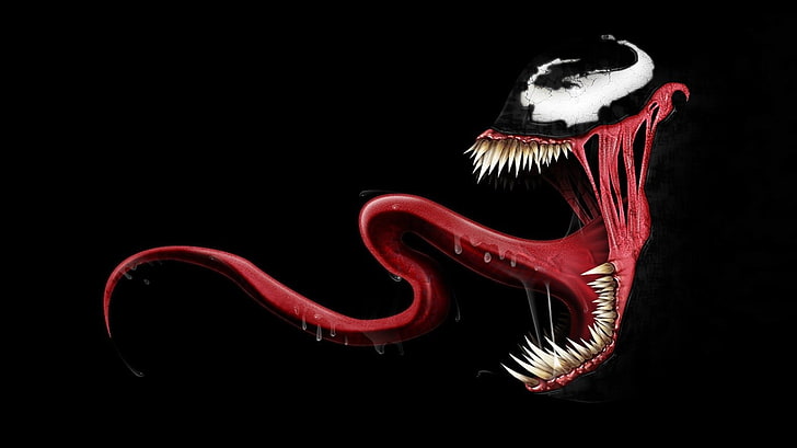 Venom, black background, tongues, teeth, digital art, Spider-Man, simple background, HD wallpaper