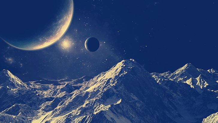 moon above mountains, space, space art, nature, mountains, digital art, HD wallpaper