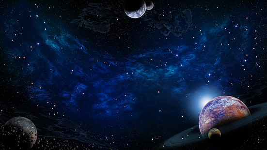 planetas, estrellas, universo, planeta anillado, galaxia, planeta, cielo, anillo planetario, estrellado, arte de fantasía, arte espacial, espacio, Fondo de pantalla HD HD wallpaper
