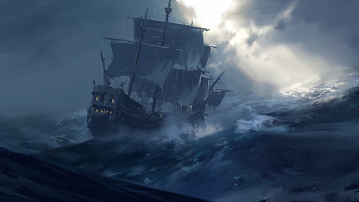sea, ship, ocean, wave, artwork, artistic, wind wave, art, manila galleon, ghost ship, battleship, sailing ship, watercraft, HD wallpaper