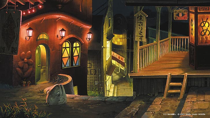 Studio Ghibli, снимки на филми, аниме, анимационни филми, одухотворени, азиатска архитектура, канджи, сен до чихиро, HD тапет