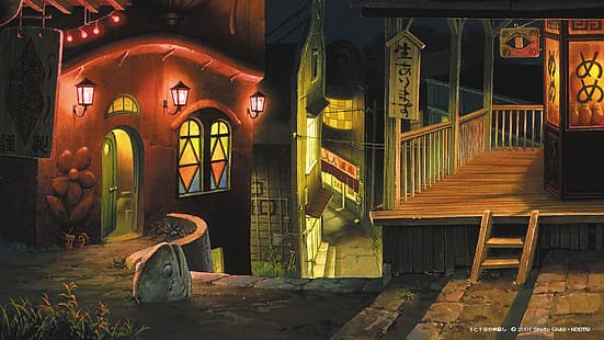 Studio Ghibli, Screenshot Film, anime, film animasi, Spirited Away, arsitektur Asia, kanji, sen ke chihiro, Wallpaper HD HD wallpaper
