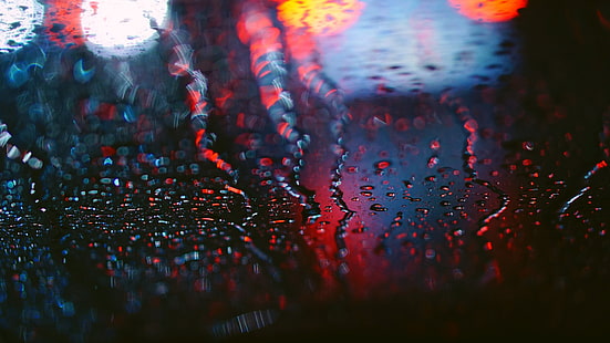 окно, вода, дождь, красный, отражение, огни, фотография, капли воды, боке, вода на стекле, HD обои HD wallpaper