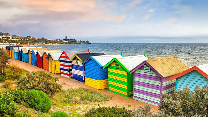 morze, Australia, Melbourne, dom na plaży, Brighton Beach, Tapety HD
