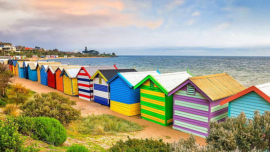 海、オーストラリア、メルボルン、ビーチハウス、ブライトンビーチ、 HDデスクトップの壁紙 HD wallpaper