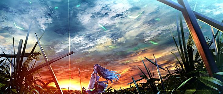 Kreuz, Anime Girls, Sonnenuntergang, Touhou, Anime, Hinanawi Tenshi, HD-Hintergrundbild HD wallpaper