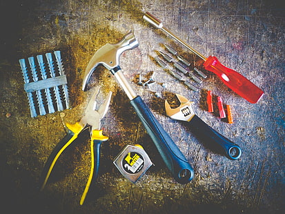 hammer, hand tools, measuring tape, pliers, screwdriver, screws, tools, wrench, HD wallpaper HD wallpaper