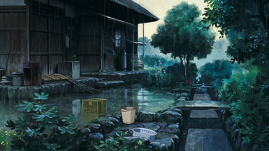 дъжд, дървета, кофа, аниме, къща, на открито, HD тапет HD wallpaper