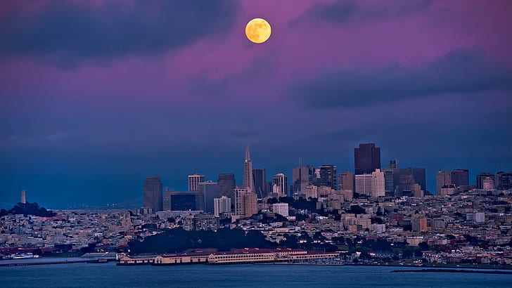 Full moon over San Francisco, city buildings, world, 1920x1080, california, san francisco, HD wallpaper