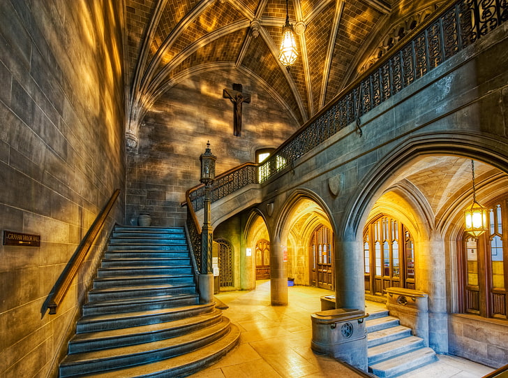 Chicago Theological Seminary, gray concrete building, Architecture, Gothic, Columns, Photography, Stone, Chicago, University, Stairs, Interior, hdr, high dynamic range, Coop, theological, chicogwarts, celing, railing, bookstore, graham taylor hall, chicago theological seminary, HD wallpaper