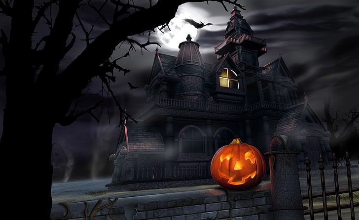 Spooky House Bats Pumpkin Full Moon Hallowmas ..., tapeta ustawień nawiedzonego domu wideo, święta, Halloween, pełnia, księżyc, dom, dynia, święta, upiorny, nietoperze, Tapety HD