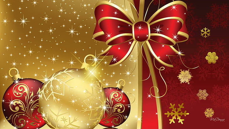 Stars Of Christmas Snow, декорации, нова година, блясък, панделка, снежинки, звезди, Коледа, топки, feliz navidad, HD тапет