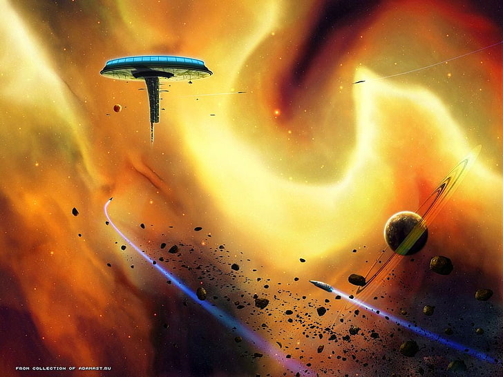 yellow and black fish lure, science fiction, artwork, futuristic, planetary rings, space, space station, HD wallpaper