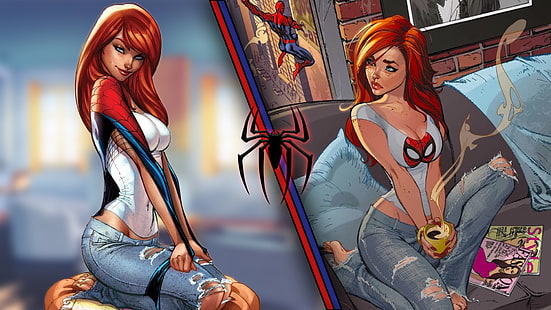 Тапет Spider-Gwen, дънки, червенокоси, Spider-Man, Marvel Comics, Mary Jane Watson, The Amazing Spider-Man, HD тапет HD wallpaper