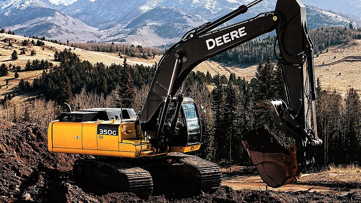 excavator John Deere kuning dan hitam, kendaraan konstruksi, Wallpaper HD