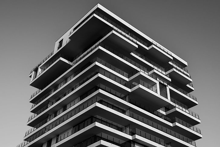 apartment, architecture, black and white, building, corporate, glass, high rise, low angle shot, modern, office, skyscraper, windows, HD wallpaper