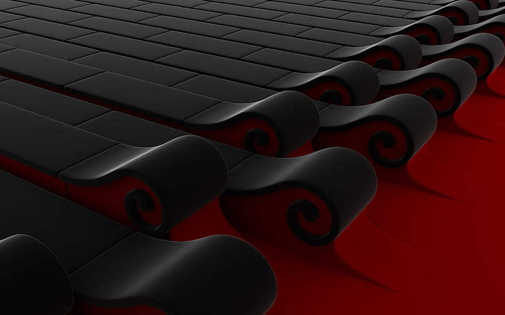 3D вълни, 3d форми, 3d, червено, черно, HD тапет