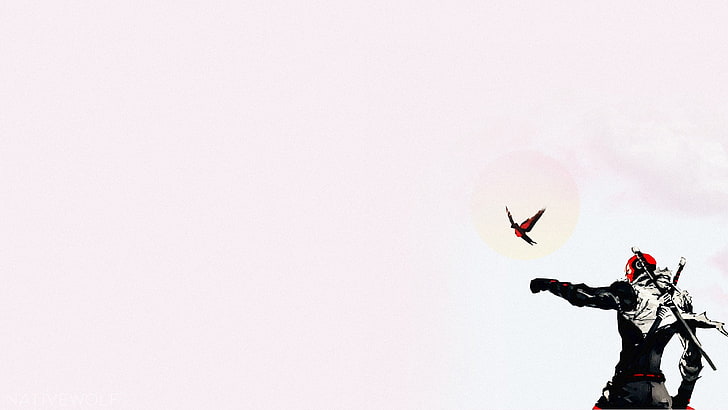 Deadpool Illustration, Red Hat, Vögel, Rotkehlchen, Malen, Hintergrund, Ninjas, NativeWolf, einfarbig, bunt, Sonnenstrahlen, Schwert, Helm, Umhang, Katana, schwarze Outfits, dunkelgrauer Code, Pixelkunst, Fliegen, Rosa, Lila,Desktopografie, Getreide, Rot, Maske, Wolken, Sonne, Photoshop, 1920, HD-Hintergrundbild