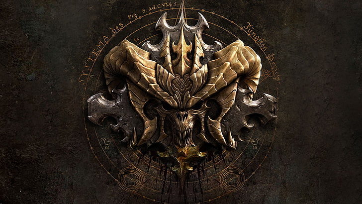 okrągłe brązowe i szare logo demoniczne, logo tłoczone zło, Diablo III, gry wideo, Diablo, fantasy art, czaszka, Tapety HD