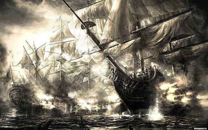 gray ships art, ship, monochrome, pirates, HD wallpaper