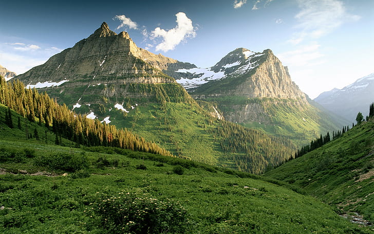 Unduh 3840x2400 pegunungan, latar belakang pagi, Kabut, bidang, rawa, hijau, puncak, Ujung, Pegunungan, Wallpaper HD