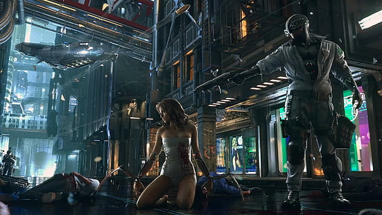 wanita mengenakan wallpaper gaun abu-abu, futuristik, kota, Cyberpunk 2077, video game, Wallpaper HD HD wallpaper