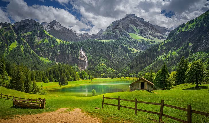 foresta, montagne, lago, recinzione, Svizzera, fienile, Alpi Bernesi, Alpi Bernesi, Gstaad, Sfondo HD