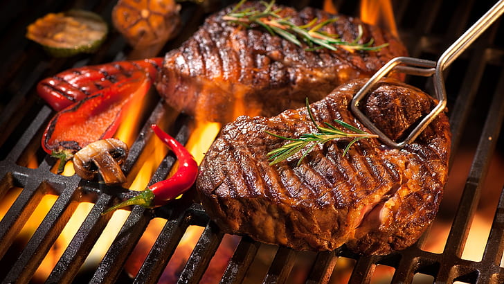 Feuer, Fleisch, Gemüse, Steak, Grill, HD-Hintergrundbild