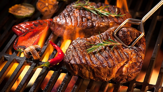 Feuer, Fleisch, Gemüse, Steak, Grill, HD-Hintergrundbild HD wallpaper
