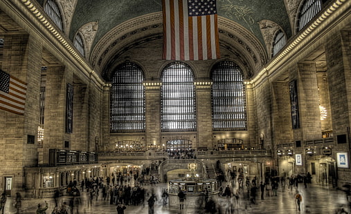 New York Grand Central Station, flaga USA, Stany Zjednoczone, Nowy Jork, Podróże, Stacja, Grand Central Station, Tapety HD HD wallpaper
