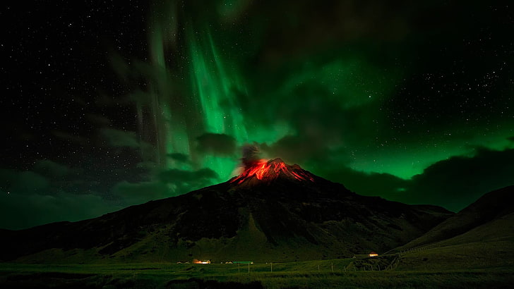 black volcano, nature, aurorae, volcano, HD wallpaper