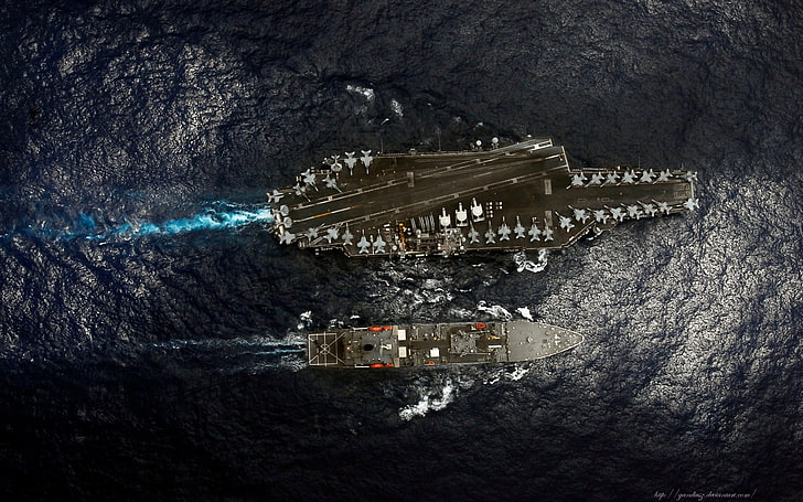 gray aircraft carrier, aircraft carrier, warship, ship, aerial view, sea, vehicle, military, HD wallpaper